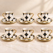 Odea Valkyrie 6 Kişilik 12 Parça Türk Kahvesi Fincan Seti Gold Kulplu Siyah Beyaz Baklava Desen K654-C