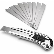Odea Metal Gövdeli Maket Bıçağı Falçata Kilitli Sürgülü - 10 Adet Yedek Bıçak Hediyeli, Segmentli Kırılabilir Uçlu Cutter Bıçak, Koli Karton Açma Bıçağı