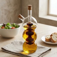 Rafta Deconox Borosilikat Cam Yağlık ve Sirkelik 320 Ml, Çift Hazneli 2’si 1 Arada Şişe, Mantar Tıpalı Şeffaf Boğumlu Model, Yağ ve Sirkeyi Ayrı Saklama