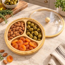 Rafta Deconox 23 cm Bambu 3 Bölmeli Kapaklı Sunumluk, Yuvarlak Ahşap Çerezlik ve Kahvaltılık Servis Tabağı, Kapaklı Çok Bölmeli Sunum Kabı