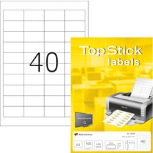 Rafta Topstick 8658 Evrensel Etiketler, 100 Yaprak, 48,5 x 25,4 Mm, 40 Pro A4, 4000 Adet, Kendinden Yapışkanlı, Yazdırılabilir, Mat, Boş Kağıt Yapışkan Etiketler, Çıkartma, Beyaz
