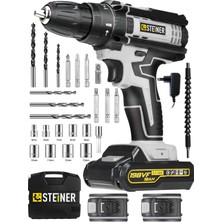Rafta Steiner Alman 198 Vf 10 Ah Darbeli Metal Dişli Şanzıman Çift Akülü Şarjlı Vidalama Matkap 24 Parça Uç Setli Gri