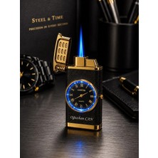 Ls Kişiye Özel Saatli Gazlı Çakmak Gold / Füme – LED Işıklı / Jet Alevli - Dolu Gönderim - Premium