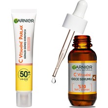 Rafta Garnier C Vitamini Parlak Günlük Uv Korumalı Güneş Yüz Kremi SPF50 Işıltılı Doku 40ML & C Vitamini Süper Aydınlatıcı Gece Serumu 30 ml Cilt Bakım Seti