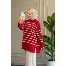 Suede Style 44456 - Şık Rahat Yumuşak Pamuklu-Polyester Kumaş Kadın Triko Uzun Kazak