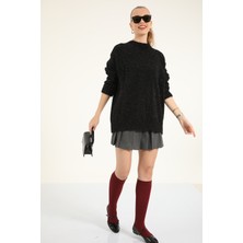 Suede Style 51114 - Şık Rahat Simli Kadın Triko Uzun Kazak