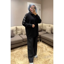 Suede Style 44050 - Şık Rahat Keçe Nakış Detaylı Kadın Uzun Dökümlü Triko Kazak
