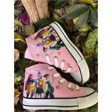 Scarpe Magiche Kız Çocuk Keten Hunters Desenli Yandan Fermuarlı Yüksek Bilekli Kanvas Sneaker Ayakkabı (31-35 Numara Arası Işıksızdır )