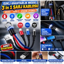 Bezos Işıklı Anahtarlık Model 3 In 1 USB Çıkışlı Mikro,type-C ve Iphone Uyumlu Şarj Kablosu Nhr