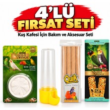 Gold Wings 4’lü Kuş Aksesuar Seti Gaga Taşı -Kuşlar Için Suluk - Kumlu Tünek-Paraket Kuşları Için Meyveli Kraker