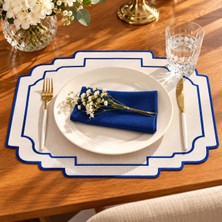 Lilies Atelier Beyaz Lacivert Çizgili 6 Adet Takım Amerikan Servis Keten Sofra Takım