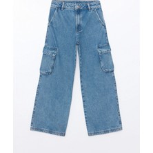 LC Waikiki Lcw Kids Mavi Beli Ayarlanabilir Lastikli Kız Çocuk Kargo Jean Pantolon
