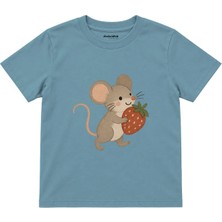 The Lucid Lab Small Mouse Carrying A Strawberry Çocuk Tişört - Çelik Mavi