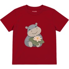 The Lucid Lab Hippo Smiling With A Water Lily Çocuk Tişört - Kırmızı