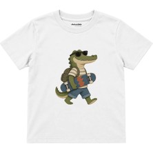 The Lucid Lab Crocodile Carrying A Skateboard Wearing Sunglasses Çocuk Tişört - Beyaz