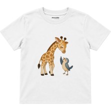The Lucid Lab Giraffe And Small Bird Saying Hello Çocuk Tişört - Beyaz