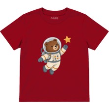 The Lucid Lab Bear Astronaut Floating With One Star Çocuk Tişört - Kırmızı