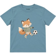 The Lucid Lab Fox Kicking A Football Çocuk Tişört - Çelik Mavi