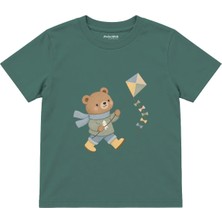 The Lucid Lab Bear Flying A Kite Çocuk Tişört - Yeşil