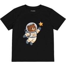 The Lucid Lab Bear Astronaut Floating With One Star Çocuk Tişört - Siyah