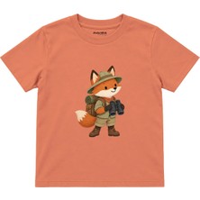 The Lucid Lab Fox With Explorer Backpack And Binoculars Çocuk Tişört - Somon