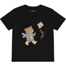 The Lucid Lab Bear Flying A Kite Çocuk Tişört - Siyah