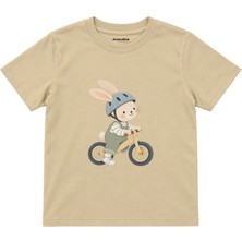 The Lucid Lab Rabbit Riding A Balance Bike Çocuk Tişört - Krem