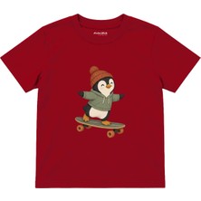 The Lucid Lab Penguin On A Longboard Wearing A Beanie Çocuk Tişört - Kırmızı