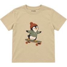 The Lucid Lab Penguin On A Longboard Wearing A Beanie Çocuk Tişört - Krem