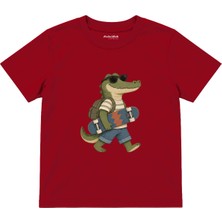 The Lucid Lab Crocodile Carrying A Skateboard Wearing Sunglasses Çocuk Tişört - Kırmızı
