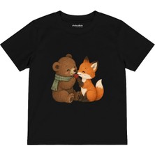The Lucid Lab Bear And Fox Sharing One Berry Çocuk Tişört - Siyah