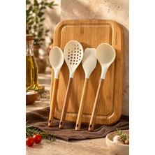 Atbyhome Bambum 5 Parça Akasya Saplı Silikon Servis Seti ve Bambu Kesme Tahtası 37X27 cm - Çizmez Kepçe Spatula Kaşık Takımı