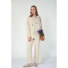 Suede Style 5645 - Şık Rahat Pamuklu Kumaş Kapüşonlu Salaş Kadın Takım
