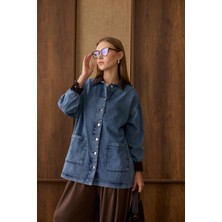 Suede Style 6707 - Şık Rahat Süet Yaka Garnili Uzun Tunik Kot Ceket