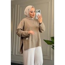 Suede Style 6747 - Rahat, Salaş Basic Modak Yanı Yırtmaçlı Kadın Uzun Sweatshirt