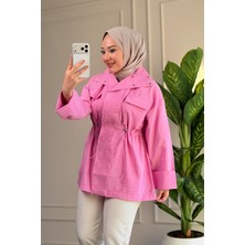 Suede Style 6697 - Şık Rahat Salaş Şeftali Kumaş Çıtçıtlı Yaka Detaylı Kadın Ceket