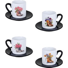 giftkonsept Bot Içinde Çiçekler Baskılı Siyah Kulplu 4'lü Porselen Vintage Görünümlü Türk Kahvesi Fincan Takımı, QBTK6023