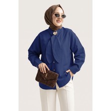 Suede Style 6408- Şık Rahat Kravat Detaylı Dokuma Poplin Kumaş Kadın Gömlek