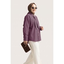 Suede Style 6408- Şık Rahat Kravat Detaylı Dokuma Poplin Kumaş Kadın Gömlek