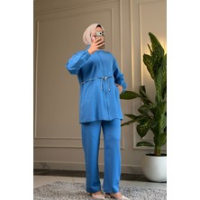 Suede Style 5232 - Şık Rahat Pamuklu Kumaş Taş Detaylı Bel Bağlamalı Salaş Kadın Takım