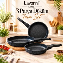 Lavonni Line 3 Parça Döküm Granit Tava Seti Siyah | 20-24-28 cm Yapışmaz Çizilmez Tava Takımı | Kahvaltılık & Günlük Kullanım | Eşit Isı Dağılımı