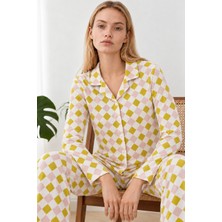 Miss Art Kadın Desenli Gömlek Yaka Sarı Pijama Takımı 4860