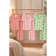 3 Adet Kadın Kısa Kol Comfort Pijama Takımı Yeşil