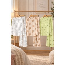 Meca 3'lü Kadın Desenli Uzun Kollu Pijama Takımı Yeşil