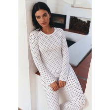 Meca Kadın Desenli Uzun Kollu Rahat Beyaz Pijama Takımı