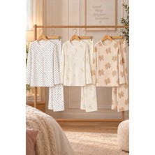 Meca 3'lü Kadın Desenli Uzun Kollu Pijama Takımı Ekru