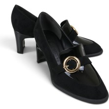 Lunetti Anello Siyah Süet Rugan Detaylı Halka Tokalı Blok Topuk Kadın Loafer Pump - Büyük Numara Seçeneği