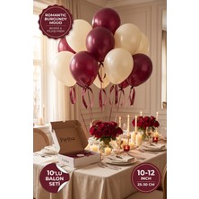 Partixa Romantik Bordo 10'lu Lateks Balon Seti Mat Doğal Lateks Söz Nişan Kına Yıldönümü Balonları Bordo Fildişi Krem
