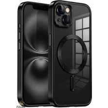 Fibaks iPhone 14 Plus/15 Plus Kılıf Kamera Lens Korumalı Magsafe Şarj Kilifi Şeffaf Renkli Yumuşak Siyah