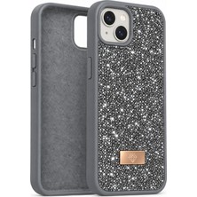 Fibaks iPhone 13/14/15 Kılıf Içi Kadife Elmas (Jelatini Sökünüz) Tasarımlı Gri Taşlı Işıltılı Pırlanta Silikon